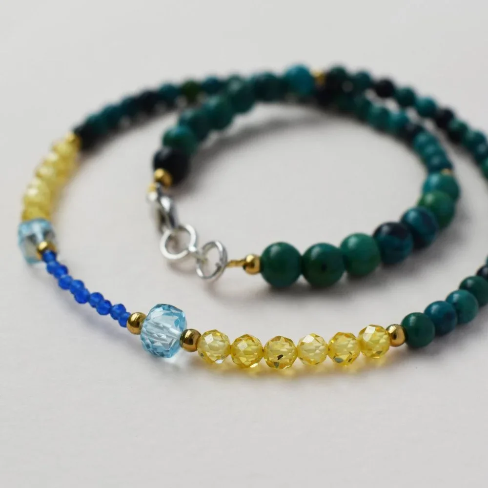 Colorful multi stone bead necklace short, unusual tiny gemstone crystal choker